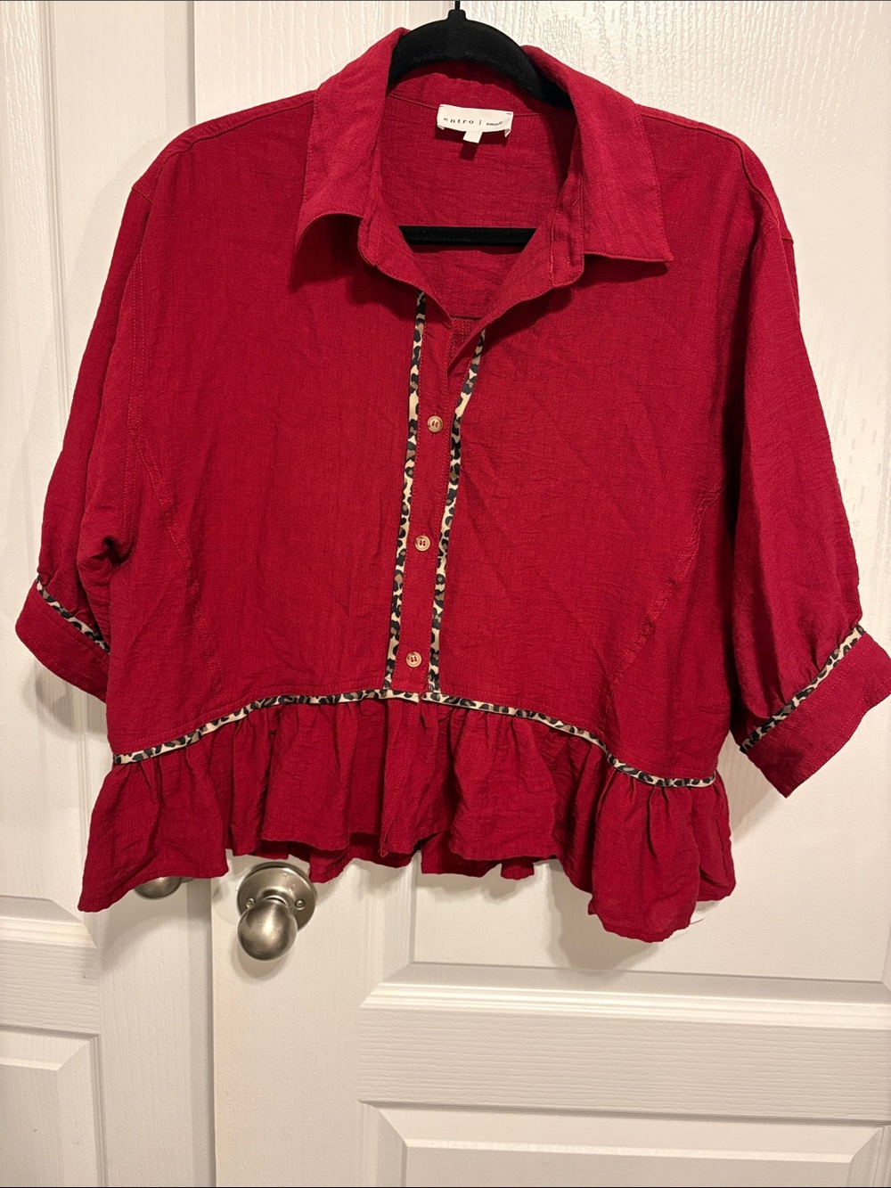 entro Red Button-Down Peplum Shirt with Leopard-Trim runs big